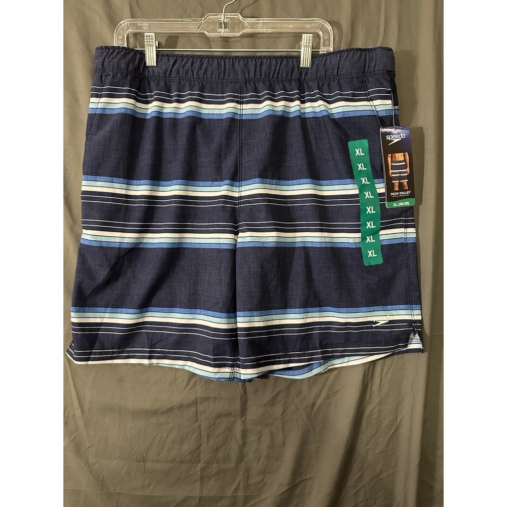 Speedo Men's Tech Volley Swim Shorts Trunks Comfort Liner Blue Striped XL NWT